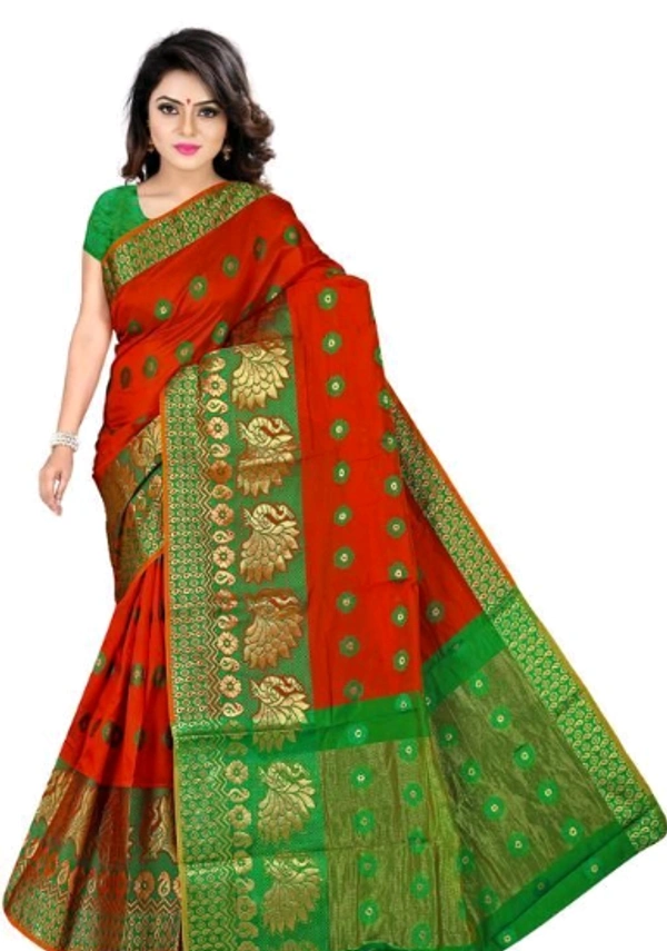 Jacquard Work Banarsi Cotton Silk Saree With Blouse Piece - Red/ Green,